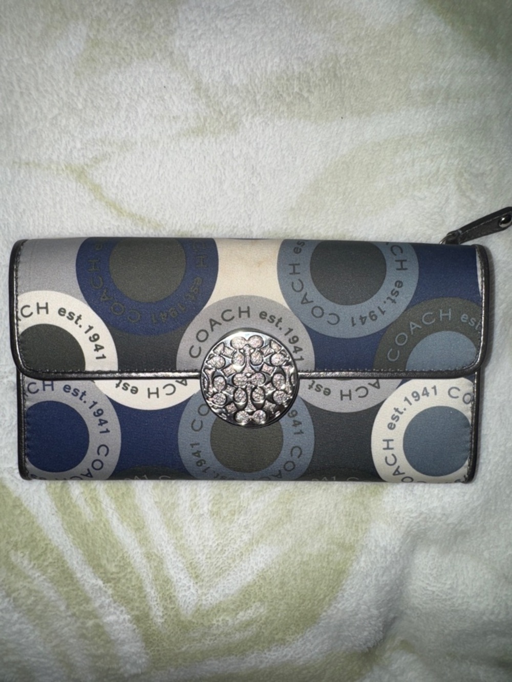 Coach Alexandra Circle Slim Printed Y2K Logo Wallet in Navy, Gray, and Black